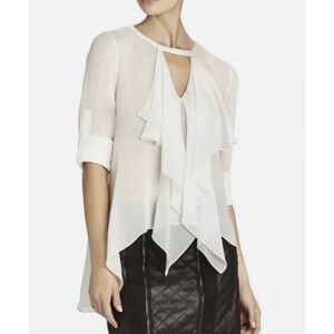 BCBGMaxAzria Blouse Tunic-100%Silk Chiffon-Off White-L/S Size Medium